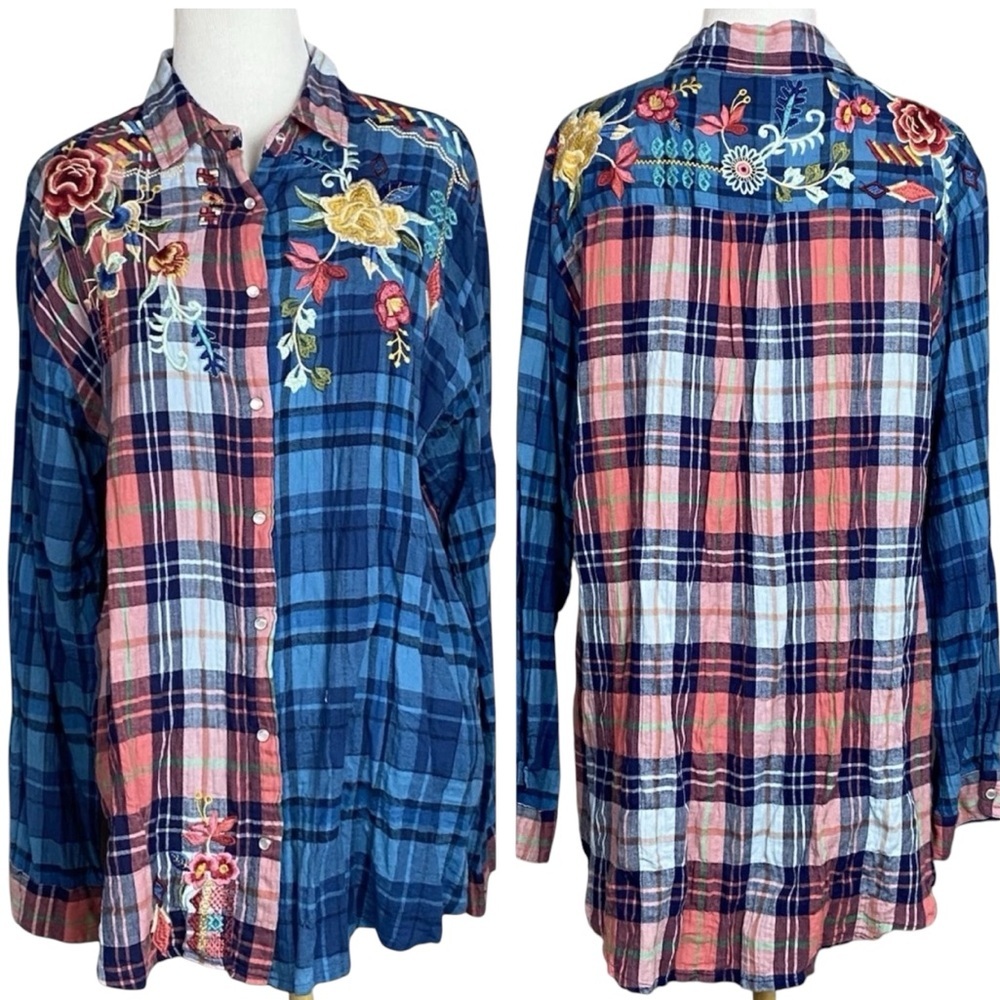 Johnny Was Pink and Blue Plaid Embroidered Eliona snap Button-Up Top - Picture 2 of 16